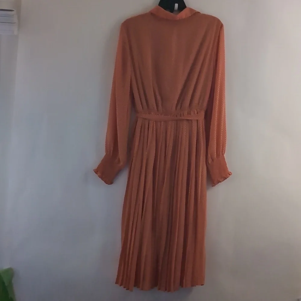 MELLO DAY Women's Orange Half Button Dotted Dress With Belt Size Large
